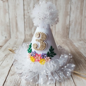 White Felt Birthday Party Hat: Cake Smash, Floral Decor