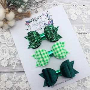Gingham Hair Bows: Green School Hair Clips, Set of 3