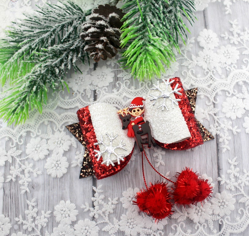 Christmas hair bowChristmas hair clipReindeer hair bowElf hair bowGirls glitter bowGlitter hairbowGift for girl