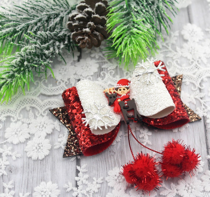 Christmas hair bowChristmas hair clipReindeer hair bowElf hair bowGirls glitter bowGlitter hairbowGift for girl