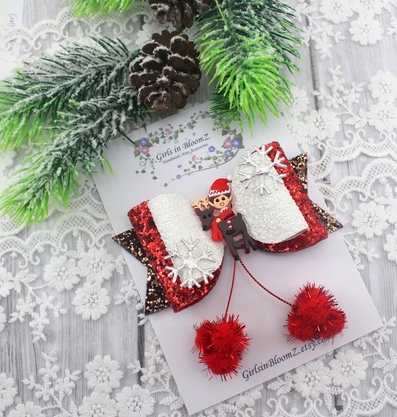 Christmas hair bowChristmas hair clipReindeer hair bowElf hair bowGirls glitter bowGlitter hairbowGift for girl