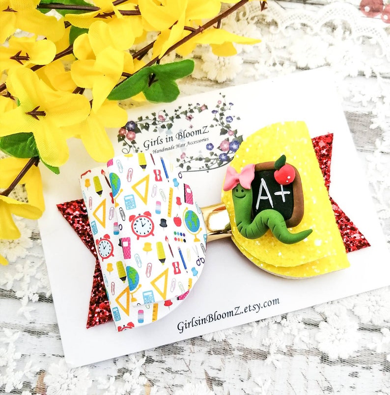 Back to school hair bow-Red and yellow glitter bow-4 inches hair bow-Pencil hair bow-Chalkboard hair bow-First day of school hair bow