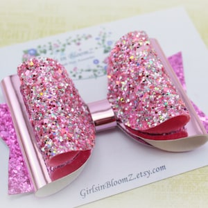 Large Pink Glitter Hair Bow: Baby Toddler Girl Clip or Headband