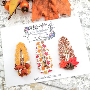 Autumn snap clips set-Small hair clips-Glitter snap clips-Fox hair clips-Fringe clips-Fall leaves hair clips