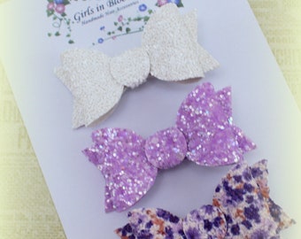 Purple and white hair bows/Girls small hair bows/Gift for girl/Set of 3 hair bows/Sparkly hair bows/Toddler hair bows/Pigtail clips/Cute bow