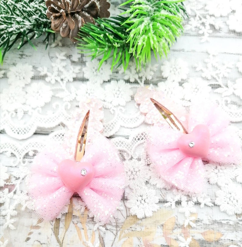 Pink Heart Hair Clipssnap Clips Setsmall Hair Clipsglitter Etsy