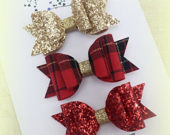 Christmas hair bows set/Girls glitter hair bow/Gold glitter bow/Red glitte bow/Red tartan hair bow/Christmas bow headband/Glitter hair bows