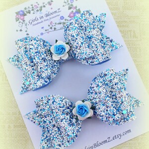 Blue hair bows/Girls hair bows/Set of 2 hair clip/Sparkly blue hair bows/Pigtail hair clips/Toddler blue hair bows/Glitter hair bows