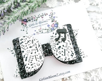 Music hair bow-White and black hair bow-Glitter hair bow-Music notes hair bow-Musical hair bow