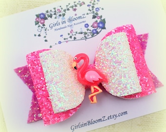 Pink Flamingo Hair Bow: Glitter Girl&#39;s Hair Clip or Headband