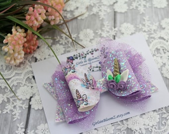 Unicorn Glitter Hair Bow, Purple Tulle, Baby Headband