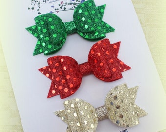 Christmas hair bows set/Girls glitter hair bow/Gold hair bow/Red hair bow/Green hair bow/Christmas bow headband/Sparkly hair bows