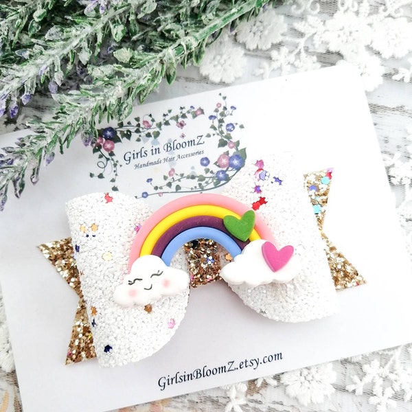 Rainbow hair bow-White and gold hair bow-Glitter hair bow-Cloud hair bow