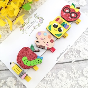 Back to School Hair Clip Set: Handmade Apple, Crayon, & Pencil Clips