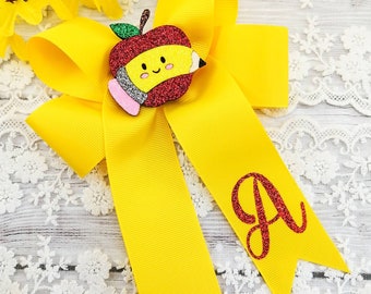 Personalized Apple Hair Bow: Yellow Initial Ribbon, Back to School