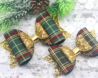 Plaid hair bow/Green and gold Christmas hair bow/Green plaid baby headband/Christmas headband/Toddler green tartan hair bow/4 inch hair bow
