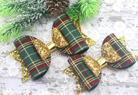 Green Plaid Glitter Christmas Hair Bow: Toddler Tartan  display picture 2