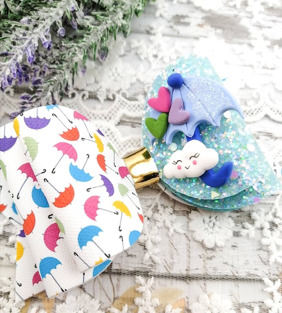 Glitter Umbrella Hair Bow: 4.5" Rainy Day Headband or Clip