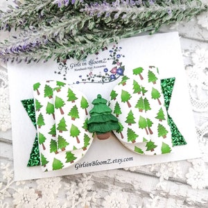 Evergreen Tree Hair Bow: Girls Glitter Clip, 4.5 inch