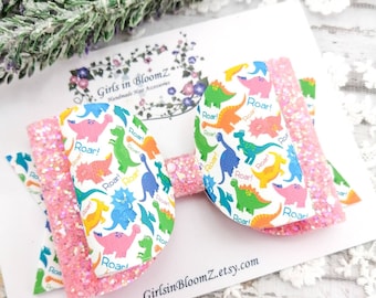 Dinosaur Hair Bow: Pink Glitter Dino Bow (4.5 inch)