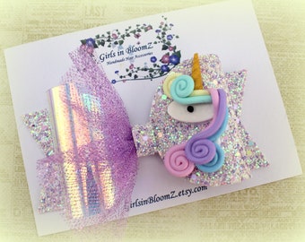 Unicorn Glitter Hair Bow: Girls Sparkly Hair Clip or Headband