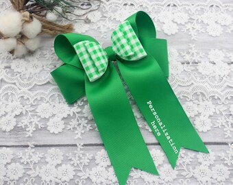Personalized Green School Hair Bow: Gingham Ribbon, Alligator Clip