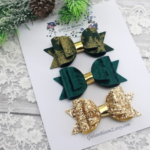 Christmas hair bows set/Girls glitter hair bow/Green glitter bow/Green velvet hair bow/Christmas bow headband/Glitter hair bows