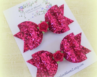 Pink Glitter Hair Bows: Rose Accent Pigtail Clips - Set of 2