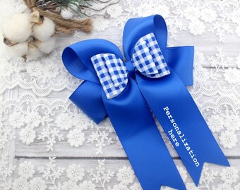 Personalized Blue School Hair Bow: Gingham Ribbon, Alligator Clip