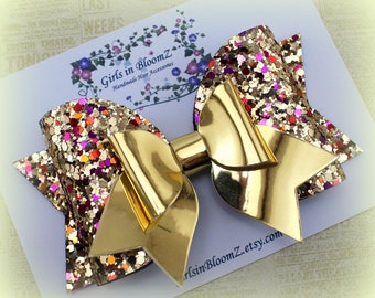 Gold Glitter Hair Bow: Chunky Sparkly Bow, Alligator Clip or Headband