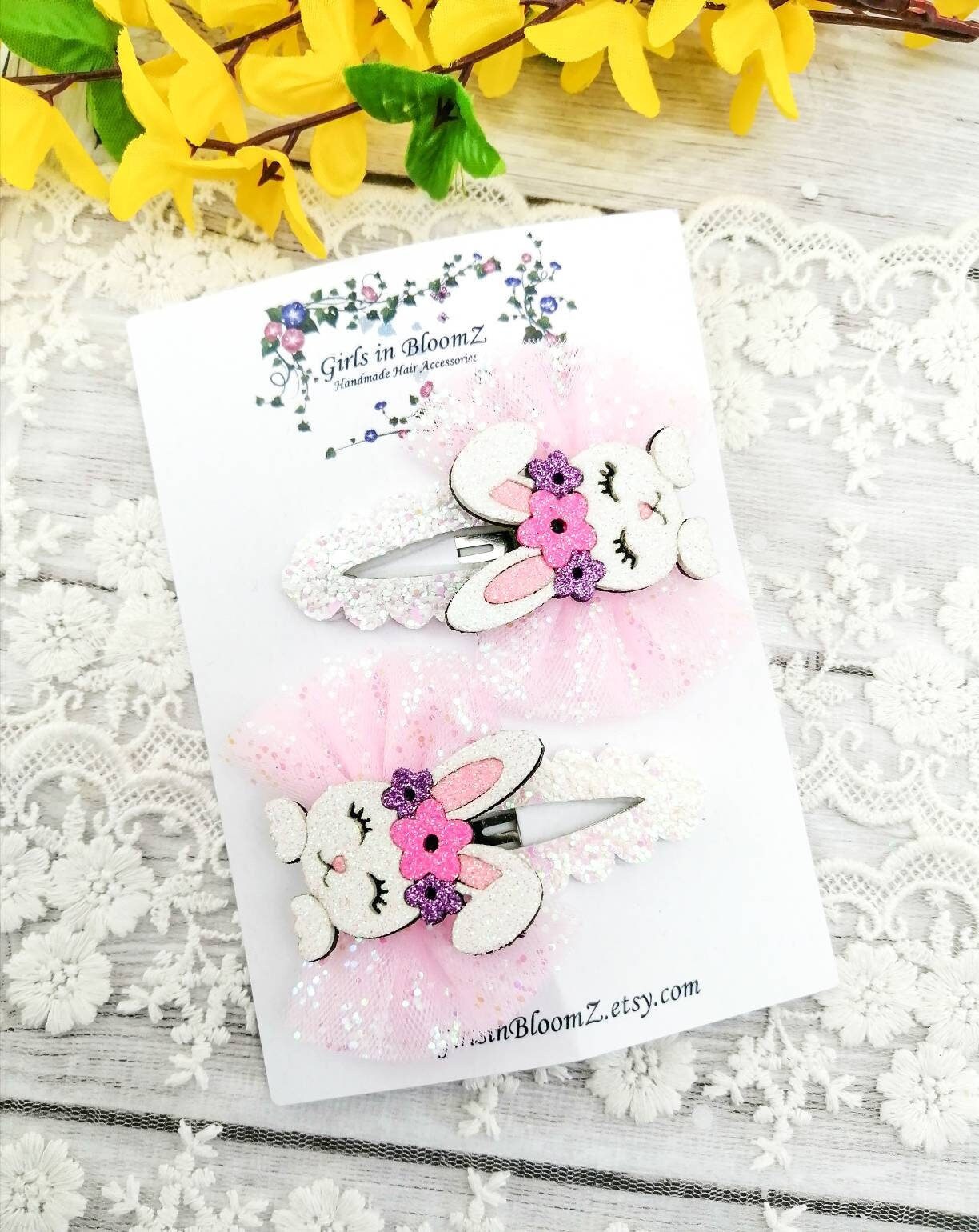 ?? 3D Pink Glitter Snap Clips with Gray Bunny snap hair clips 4pc Bunny Hug Snap Clip Set – puttisu-usa main image 2