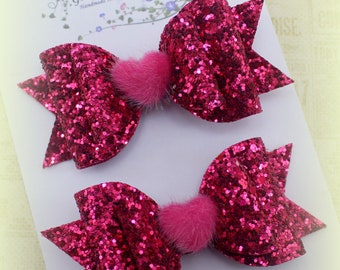 Pink Glitter Heart Hair Bows: Valentine's Day Pigtail Clips (Set of 2)