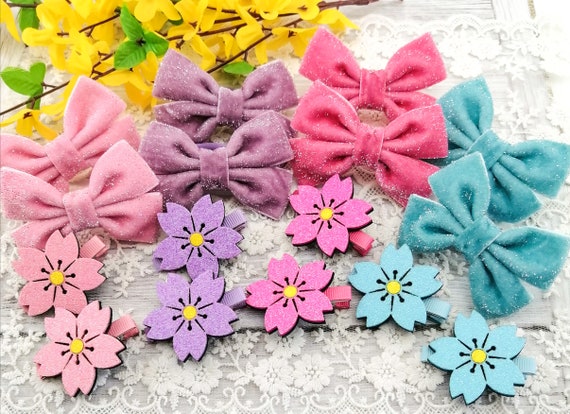 Handmade Velvet Bow & Flower Hair Clip Set - Girls Hair  display picture 2