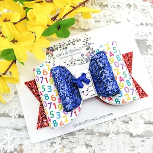 Back to school hair bow-Red and blue glitter bow-Ruler hair bow-4 inches hair bow