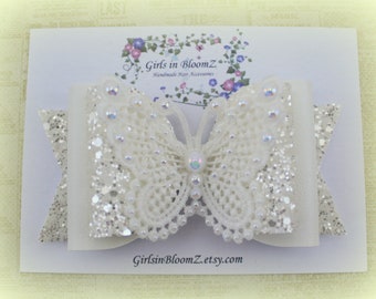 White Glitter Butterfly Bow: Baby Toddler Headband