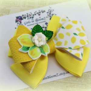Lemon Hair Bow: Yellow Faux Leather & Grosgrain Ribbon Clip or Headband