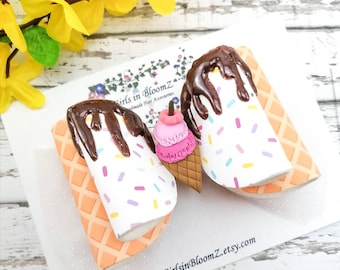 Ice Cream Hair Bow: Sprinkles & Chocolate Drip, Girls Summer Clip