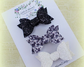 Black and white hair bows/Girls small hair bows/Gift for girl/Set of 3 hair bows/Sparkly hair bows/Toddler hair bows/Pigtail clips/Cute bows