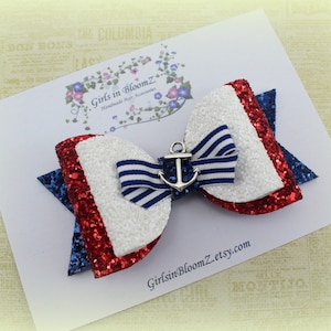 Glitter Sailor Bow: Red, White & Blue Anchor Hair Clip