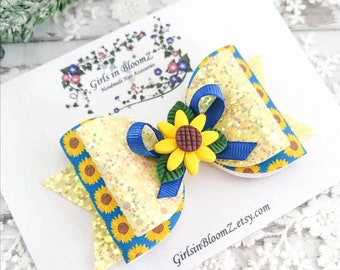 Sunflower hair bow-Yellow and blue hair bow-Sunflower headband-Floral bow- Summer hair bow-Glitter hair bow