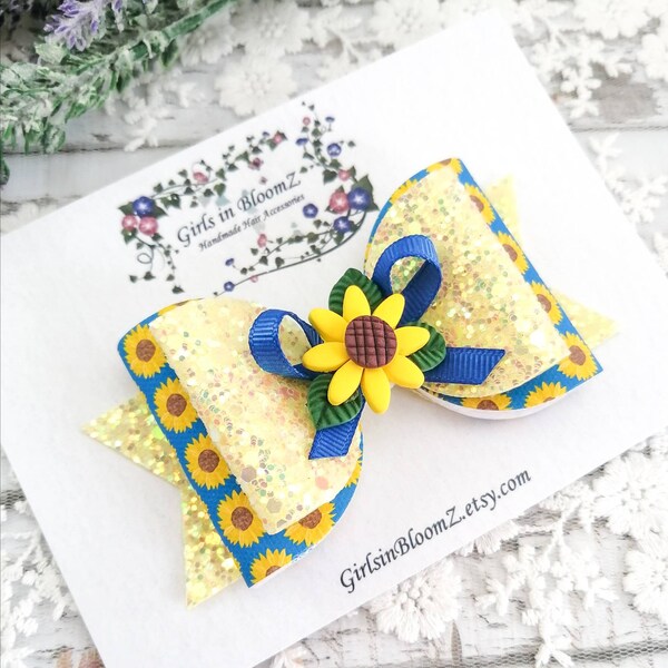 Sunflower hair bow-Yellow and blue hair bow-Sunflower headband-Floral bow- Summer hair bow-Glitter hair bow