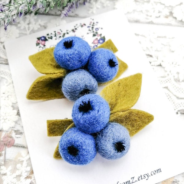 Blueberries clips-Small hair clips-Set of 2 hair clips-Piggies bows-Toddler clips-Pigtail hair clips-Felted clips