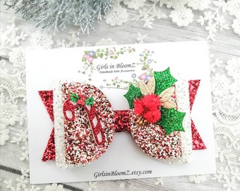 Christmas Holly glitter hair bow/Christmas hair bow/Glitter hair bow/Red girls hair bow/Christmas bow headband/Baby glitter bow headband