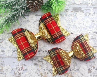 Plaid hair bow/Red and gold Christmas hair bow/Red plaid baby headband/Christmas baby headband/Toddler red tartan hair bow/4 inches hair bow