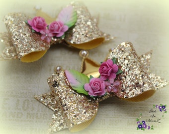 Gold Glitter Hair Bows with Rose Detail, Set of 2