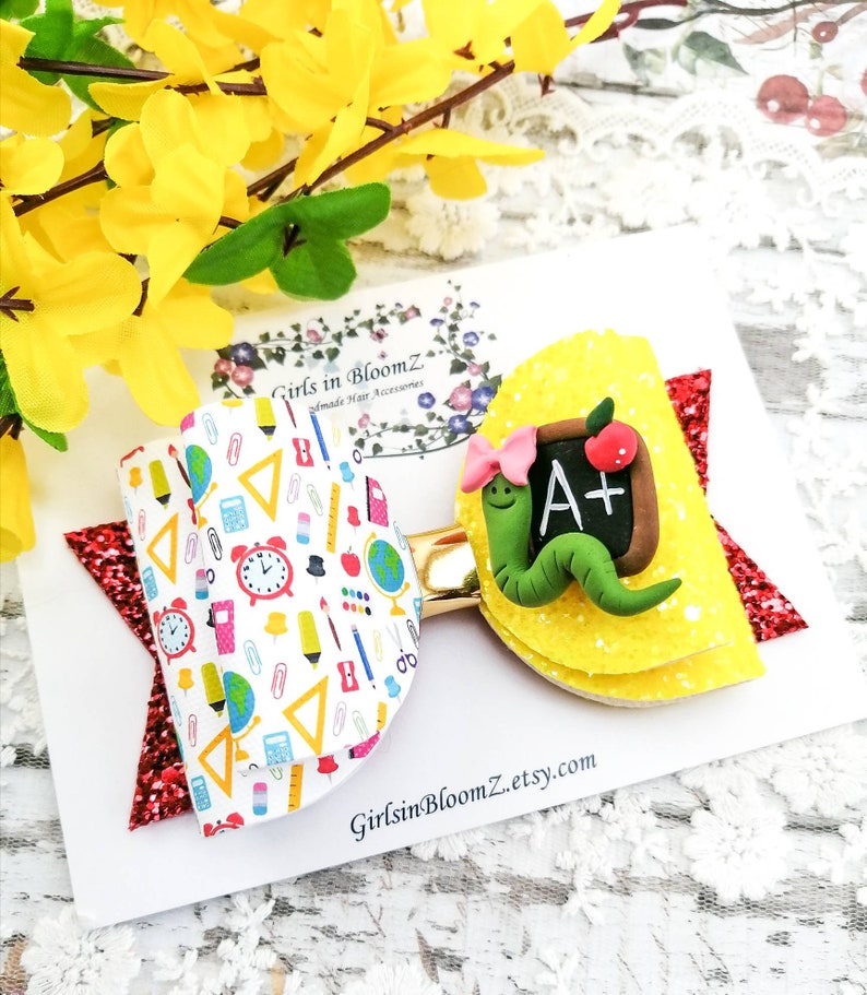 Back to school hair bow-Red and yellow glitter bow-4 inches hair bow-Pencil hair bow-Chalkboard hair bow-First day of school hair bow