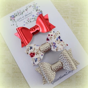 Girls leather bows/Small baby hair bows/ Red hair bow/Beige leather bow/Floral hair bow/Set of 3 leather bows/Pigtail hair bows/Gift for her