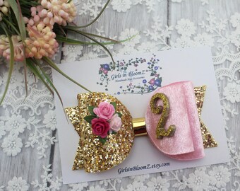 Birthday Number Hair Bow: Pink, Gold Glitter, Floral Clip