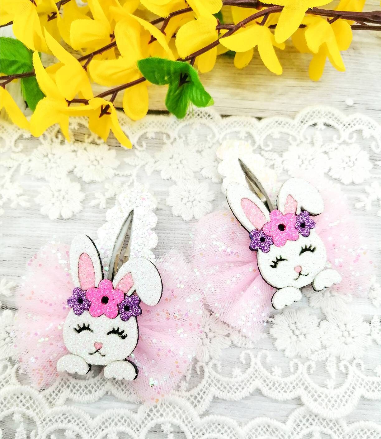 Easter Bunny Glitter Snap Hair Clips: Handmade Set of 2 - Etsy display picture 3