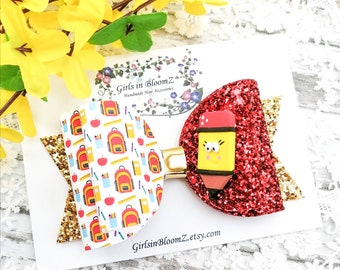 Back to School Hair Bow: Red Glitter Pencil, 4.5" Clip